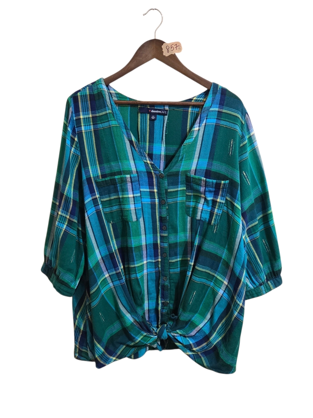 Denim 24/7 Green & Blue Plaid Button-Front Tie Hem Shirt